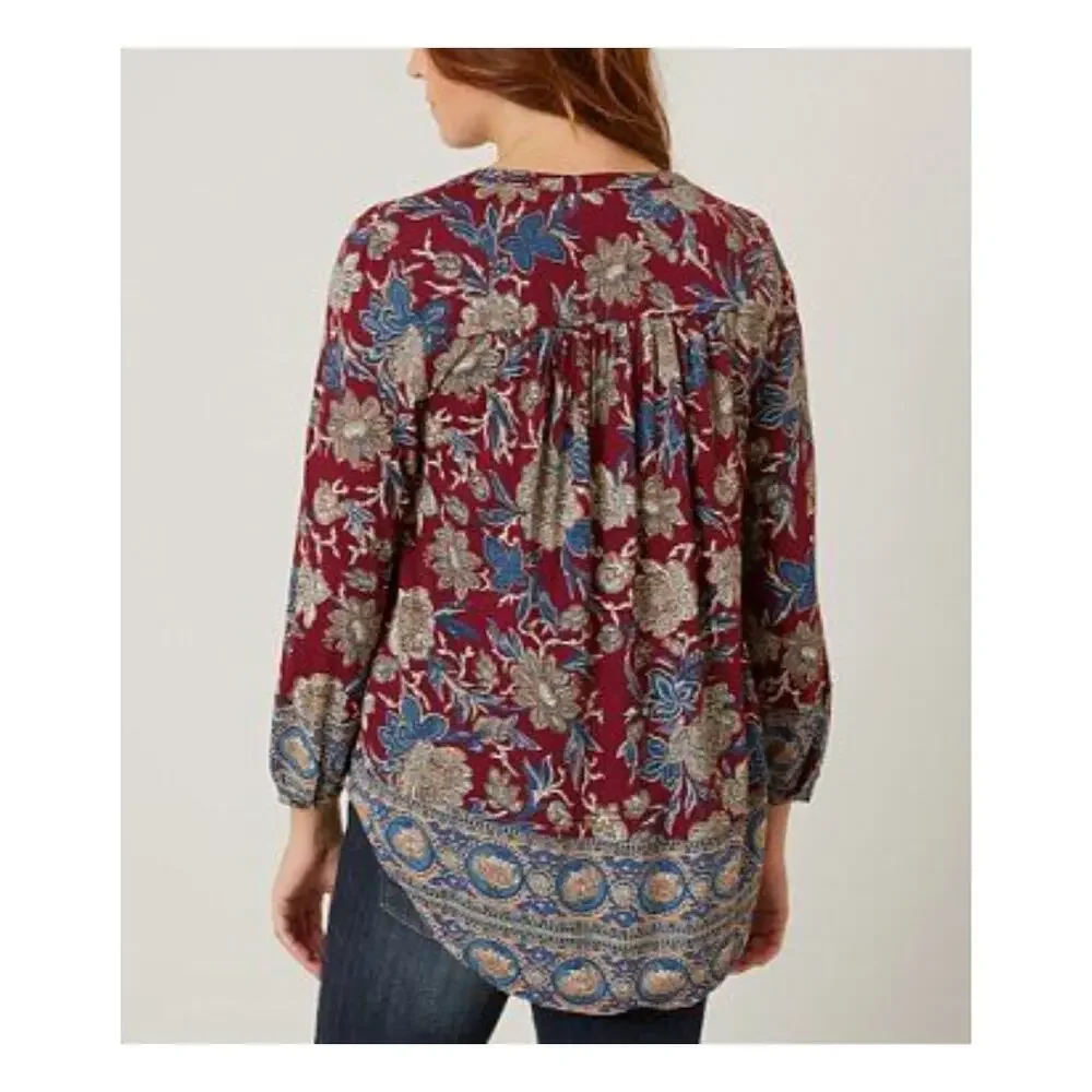 Lucky Brand Floral Henley Top Womens Size 2X Burgundy Blue Border Knit Peasant